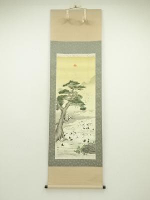 松坡筆　百鶴　肉筆絹本掛軸（共箱）